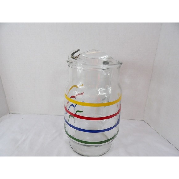 Retro Pitcher Anchor Hocking Fiesta  Glass Ice Lip Primary Rainbow Stripe 72 Oz - Picture 3 of 12